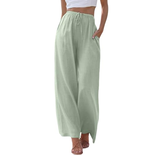 Fulidngzg Stoffhose Damen, Sommerhose Damen Leicht Leinen Casual Locker Leinenhose Freizeithose Musselin Palazzo Hose Weite Leg Hose Stoffhose Hohe Taille mit Tunnelzug und Taschen von Fulidngzg