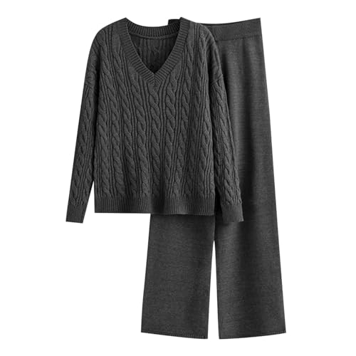 Fulidngzg Strick Set Damen Kleidung, Lang Hose und Oberteil Loungewear Hausanzug Winter Warm Jogginganzug Zweiteiler Kaschmir Baumwolle Lounge Set Freizeitanzug Strick Elegant Anzug Hosenanzug von Fulidngzg