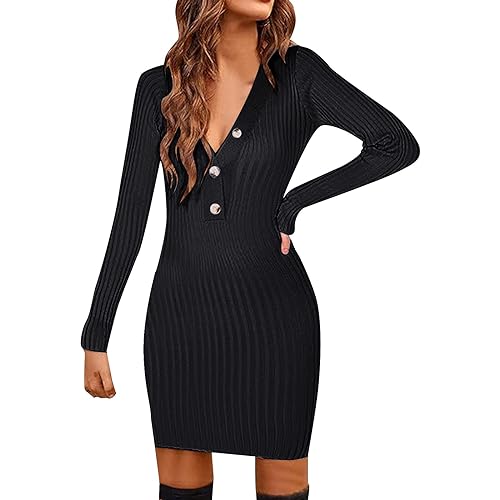 Fulidngzg Strickkleid Damen Bodycon Einfarbig Pulloverkleid Pullikleid V Ausschnitt Enges Winterkleid Wollkleid Lang Knopfleiste Lässig Strickkleid Elegant Langarm Skims Dress von Fulidngzg