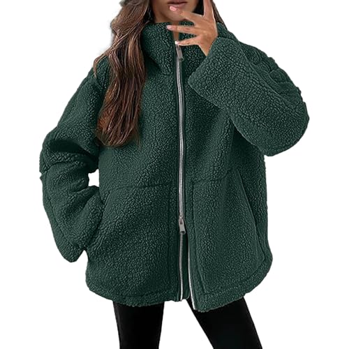 Fulidngzg Teddyjacke Damen Winter Teddyfleece Jacke Doppelschieber Reißverschluss Winterjacke Thermal Teddy Wintermantel Einfarbig Revers Fleecejacke Flauschig Plüschjacke Outdoor Fleecemantel von Fulidngzg