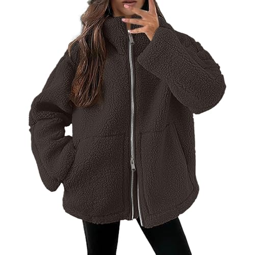 Fulidngzg Teddyjacke Damen Winter Teddyfleece Jacke Doppelschieber Reißverschluss Winterjacke Thermal Teddy Wintermantel Einfarbig Revers Fleecejacke Flauschig Plüschjacke Outdoor Fleecemantel von Fulidngzg