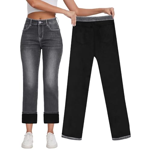Fulidngzg Thermojeans Damen Winter Gefüttert Winterjeans Thermo Dicke Thermopants Winterhosen Shaping mit Gummizug Bund Thermohose Fleece Lined Outdoor Fleecehose Schneehose Jeanshose von Fulidngzg