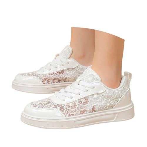 Fulidngzg Trachten Sneaker Damen, Trachtenschuhe Damen Flach - Spitzen Dirndl Trachten Sneaker Mesh Atmungsaktive Sommerschuhe Weiß Braut Stoff Turnschuhe Bequem Hochzeitsschuhe von Fulidngzg