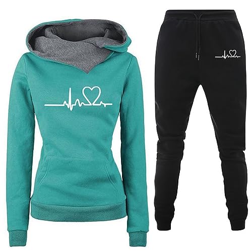 Fulidngzg Trainingsanzug Damen Set, Große Größen Heartbeat Print Hausanzug Sportanzug Elegant Fitness Gym 2 Teiler Jogginganzug 2023 Hoodie Basic Trainingsanzug Freizeit Baumwolle Streatwear von Fulidngzg