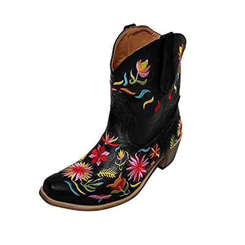 Fulidngzg Westernreitstiefel Damen, Western mit Absatz Cowboystiefel Boots Motorrad Leder Stiefeletten Cowboy Hohe Westernstiefel Festival Hippie Stiefel 70er Jahre Elegant Ankle Reitstiefel von Fulidngzg