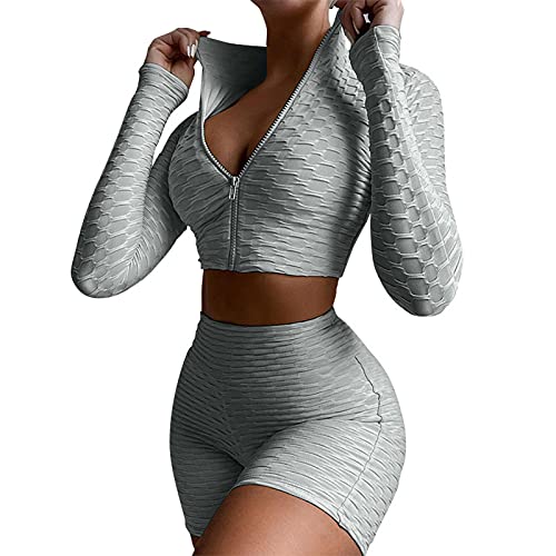 Fulidngzg Yoga Outfit Damen Set Sport Set Damen Zweiteiler Kordelzug Langarm Crop Tops + Leggings Shorts Yoga Outfit Damen Yoga Trainingsanzüge Fitness Set Damen Gym Sportanzug Damen Set Eng von Fulidngzg