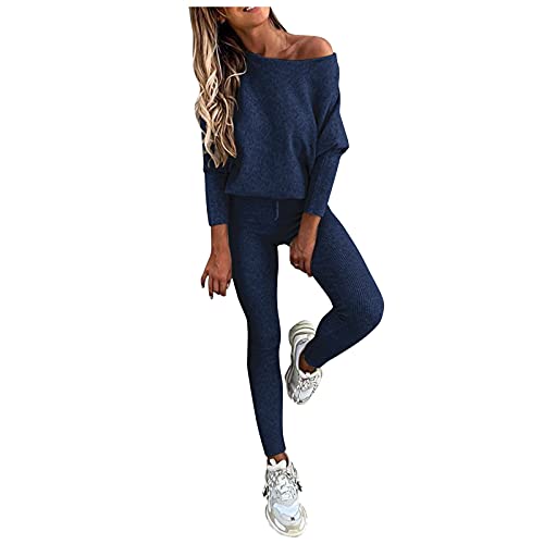 Fulidngzg Zweiteiler Damen Jogginganzug Strick Lang Grau Ohne Kapuze Vintage Winter Langarm Elegant Kuschelig Weites Bein Jogginghose Pullover Trainingsanzug Sportbekleidung von Fulidngzg