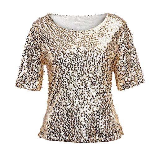 Glitzer Oberteile Damen Festlich Schwarz Gold Silber für Party Metallic Hemden Sparkle Shimmer Kurzarm Elegant Sexy Top Shirt Bluse T-Shirt von Fulidngzg