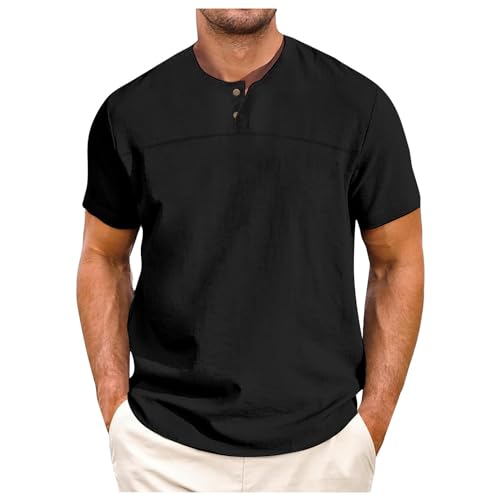 Herren Sommerhemd Baumwolle Leinen Kurzarm Hemd Herren Henley-Kragen Lässiges Slim-Fit-Hemd Strandhemd Kurzärmliges Freizeithemd Urlaub Casual Regular Fit Shirts von Fulidngzg