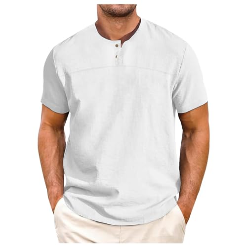 Herren Sommerhemd Baumwolle Leinen Kurzarm Hemd Herren Henley-Kragen Lässiges Slim-Fit-Hemd Strandhemd Kurzärmliges Freizeithemd Urlaub Casual Regular Fit Shirts von Fulidngzg