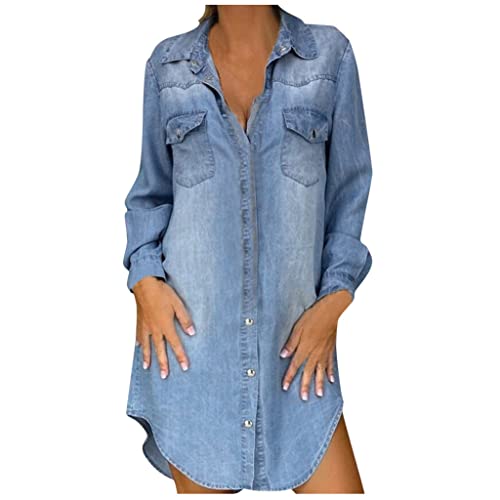 Jeans Kleid für Damen Knöpfe Langarm Jeanshemd Blusenkleid Luftig Boho Hemdblusenkleid JeanskleidLeicht Hemdkleid Jeansbluse 50 Style Elegant Kleid Freizeitkleid Curvy Spring Dresses von Fulidngzg