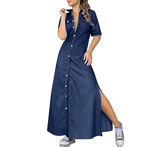 Jeanskleid Damen Sommer Knöpfe Lang Blusenkleid Jeansbluse Elegant Frühling Sommerkleid Damenkleider Leicht Luftig Jeanskleid Freizeitkleid Boho 50 Style Hemdkleid Spring Dresses von Fulidngzg