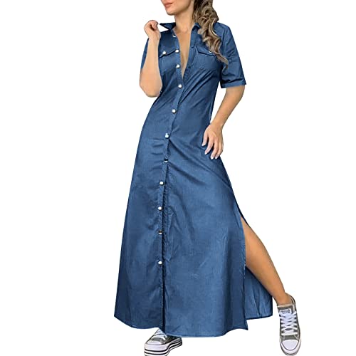 Jeanskleid Damen Sommer Knöpfe Lang Blusenkleid Jeansbluse Elegant Frühling Sommerkleid Damenkleider Leicht Luftig Jeanskleid Freizeitkleid Boho 50 Style Hemdkleid Spring Dresses von Fulidngzg
