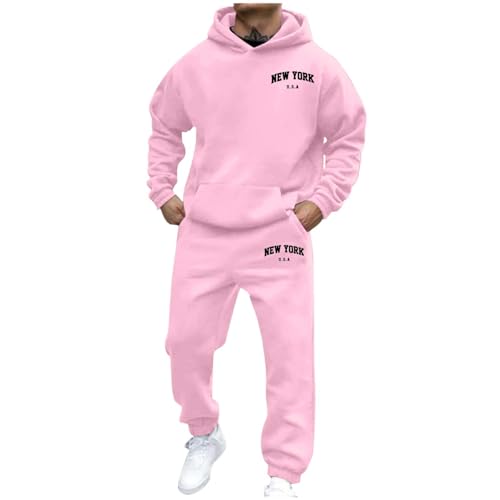 Jogginganzug Herren Trainingsanzug Freizeitanzug Einfarbig Hoodie Langarm mit Taschen Hausanzug 2-Teilig Fitness Kapuzenjacke Jogginghose Sportanzug Set Jogging Jogging Gym Tracksuit, Hellrosa XL von Fulidngzg