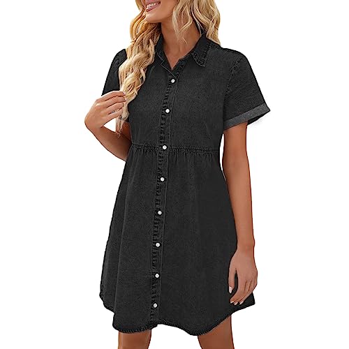 Kleid Sommer Damen Knöpfe Knielang Blusenkleid Damenkleider 50 Style Frühling Freizeitkleid Jeanskleid Leicht Boho Jeansbluse Sommerkleid Curvy Luftig Spring Dresses Jeanshemd von Fulidngzg