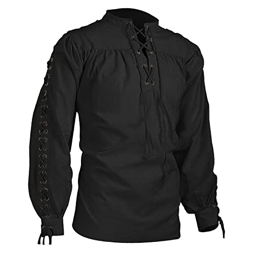 Leinenhemd Herren Slim Fit Langarm Schwarz Leinenhemd Wikinger Gothic Kettenhemd Ohne Kragen Vintage Seidenhemd Historische Leinen Piratenkostüm Cosplay Römer Mittelalter Hemd Sommerhemd von Fulidngzg