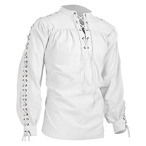 Leinenhemd Herren Slim Fit Langarm Schwarz Leinenhemd Wikinger Gothic Kettenhemd Ohne Kragen Vintage Seidenhemd Historische Leinen Piratenkostüm Cosplay Römer Mittelalter Hemd Sommerhemd von Fulidngzg