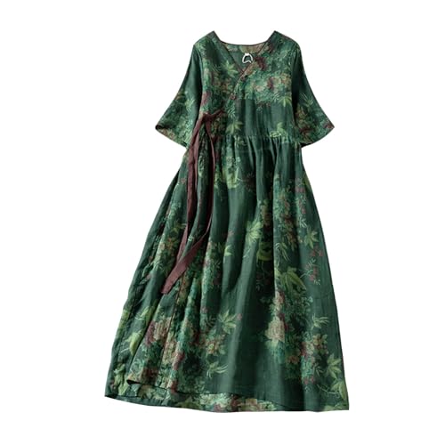 Maxikleider Damen Sommer Kurzarm Leinen Maxikleid Leichte Locker Sommerkleid Luftig Schicke Strandkleid Lässige Curvy Italienische Kleider Große Größen 50 Style Frühlingskleid Lang Damenkleider von Fulidngzg