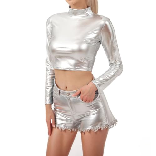 Metallic Shirt Damen Teenager Gold Silber Top Enge Langarmshirt Langarm Sparkly Crop Top Metallic Oberteil Slim Fit Glänzendes T Shirt Stehkragen Shirt Party Skims Dupes Bluse von Fulidngzg