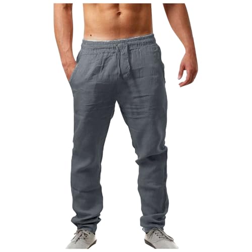 Musselin Hose Herren Lang mit Kordelzug Loose Fit Stretch Linen Pants Luftige Slim Fit Freizeithose Locker Baggy Sommerhose Elastische Leinenhose Lang Jogginghose Weiße Leichte Stoffhose von Fulidngzg
