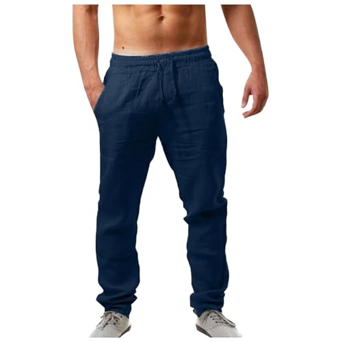 Musselin Hose Herren Lang mit Kordelzug Loose Fit Stretch Linen Pants Luftige Slim Fit Freizeithose Locker Baggy Sommerhose Elastische Leinenhose Lang Jogginghose Weiße Leichte Stoffhose von Fulidngzg
