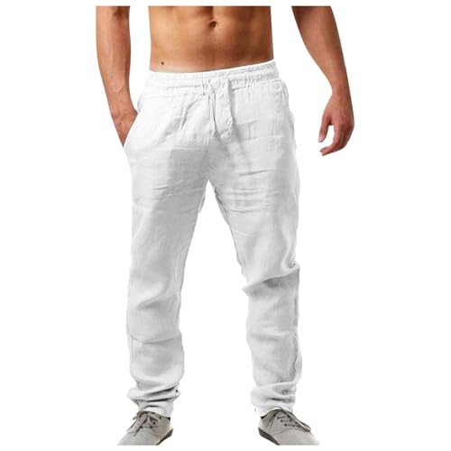 Musselin Hose Herren Lang mit Kordelzug Loose Fit Stretch Linen Pants Luftige Slim Freizeithose Locker Baggy Sommerhose Elastische Leinenhose Jogginghose Weiße Leichte Stoffhose von Fulidngzg