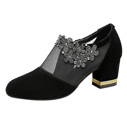 Pumps Damen Schwarz Mesh mit Blockabsatz Absatzschuhe Trachtenschuhe Schwarz mit Absatz Stöckelschuhe Tanzschuhe Elegant Party Damenschuhe Hohe Schuhe Vorne Geschlossen Bequem High Heels von Fulidngzg
