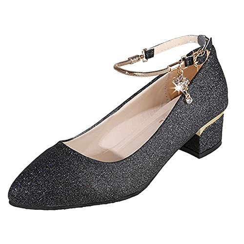 Riemchenpumps Damen Glitzer mit Blockabsatz Brautschuhe Glitzerschuhe Elegant mit Absatz High Heels Hohe Schuhe Vorne Geschlossen Bequem Damenschuhe Tanzschuhe Schwarz Stöckelschuhe von Fulidngzg
