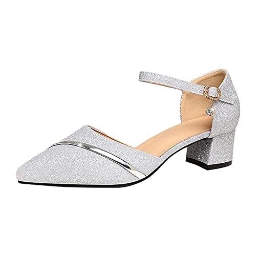 Riemchenpumps Damen mit Blockabsatz Glitzer Spangenpumps Riemchenpumps Elegant Silber Tanzschuhe Stöckelschuhe Bequem mit Riemchen Hochzeitsschuhe Brautschuhe Vorne Geschlossen High Heels von Fulidngzg