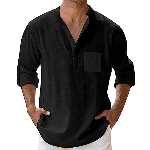 Sommerhemd Herren mit Tasche Outdoor Freizeithemden Leichtes mit Stehkragen Langarmshirt Henley Shirt Casual Boho Style Stehkragenhemd Baumwollhemd Slim Fit Strand Shirt von Fulidngzg