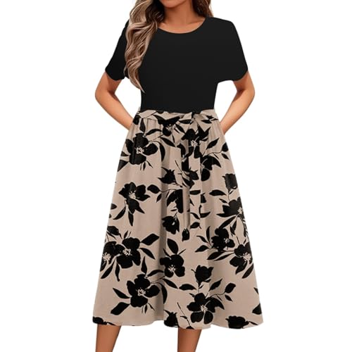 Sommerkleid Damen Lang Elegant Kleider Kurzarm Rundhals Boho Midikleid A-Linie Blumenkleid Leicht und Luftig Tunika Kleid Hohe Taille Strandkleid S-XXL von Fulidngzg