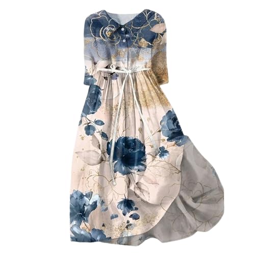 Strandkleid Damen Luftig Lang Leinen Kurzarm Maxikleid Curvy Sommerkleid Locker Große Größen Italienische Kleider Elegant Leichte 50 Style Summer Dress Lässige Damenkleider von Fulidngzg