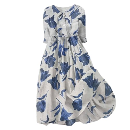Strandkleid Damen Sommer Kurzarm Leinen Italienische Kleider 50 Style Lang Sommerkleid Elegant Luftig Damenkleider Lässige Curvy Schicke Locker Boho Kleid Vintage Maxikleid von Fulidngzg