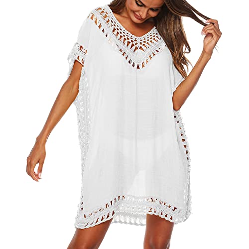 Strandkleider Damen Sommer: Luftig Strand Kaftan Elegant Sexy Curvy Häkelkleid Mode Musselin Bikini Cover Up Lang Ibiza Style Pareos Sarong Sommer Beach Strandkleid Spitzen Oberteile von Fulidngzg