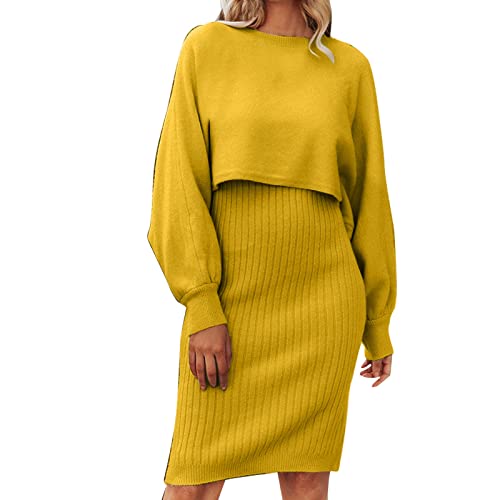 Strickkleid Damen Herbst Winter 2 Teiler Sweater Kleid Pullikleid Warm mit Pullover Winterkleider Strickkleid Schnitt Grobmaschig Zweiteiler Party Outfit Enges Herbst Herbstkleid von Fulidngzg