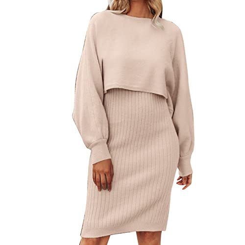 Strickkleid Damen Herbst Winter 2 Teiler Sweater Kleid Pullikleid Warm mit Pullover Winterkleider Strickkleid Schnitt Grobmaschig Zweiteiler Party Outfit Enges Herbst Herbstkleid von Fulidngzg