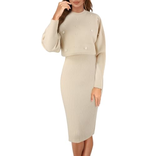 Strickkleid Damen Herbst Winter 2 Teiler Sweater Kleid Pullikleid Warm mit Pullover Winterkleider Schnitt Grobmaschig Zweiteiler Party Outfit Enges Herbstkleid von Fulidngzg