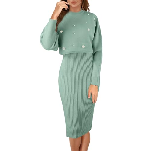 Strickkleid Damen Herbst Winter 2 Teiler Sweater Kleid Pullikleid Warm mit Pullover Winterkleider Strickkleid Schnitt Grobmaschig Zweiteiler Party Outfit Enges Herbst Herbstkleid von Fulidngzg