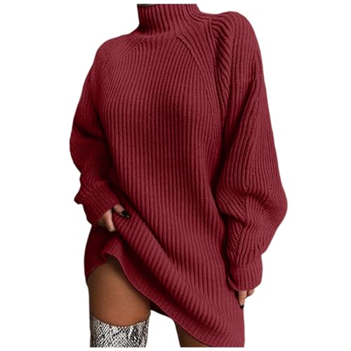 Sweatkleid Damen, Wollkleid Damen A Linie Rollkragen Winterkleid Oversize Wollkleid Baumwolle Pulloverkleid Warm Strickkleid Große Größen Strickkleider Midikleid von Fulidngzg