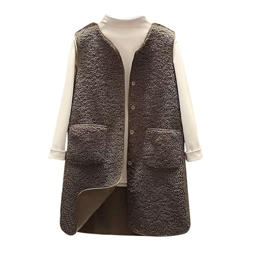 Teddy Weste Damen Lang Fellweste Teddywesten Leichte Ärmellos Fleeceweste Winter Warm Westen Casual Einfarbig Damenweste Pelzjacke Knöpfen Plüschweste mit Taschen Winterweste Herbstmantel von Fulidngzg