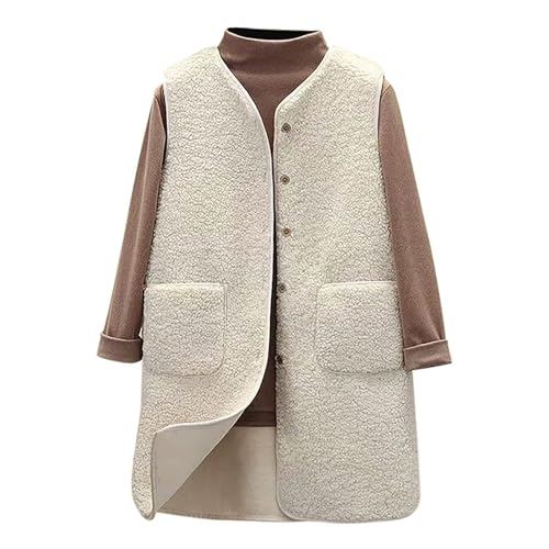 Teddy Weste Damen Lang Fellweste Teddywesten Leichte Ärmellos Fleeceweste Winter Warm Westen Casual Einfarbig Damenweste Pelzjacke Knöpfen Plüschweste mit Taschen Winterweste Herbstmantel von Fulidngzg