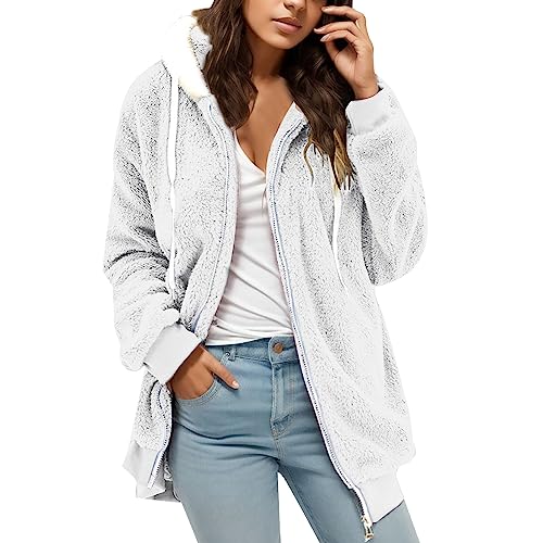 Teddyfleece Jacke Damen Übergang mit Kapuze und Taschen Reißverschluss Plüschjacke Winterjacke Gefüttert Lang Herbstjacke Teddyfleece Jacke Elegant 2023 Oversize Kuscheljacke Teddyjacke Cordjacke von Fulidngzg