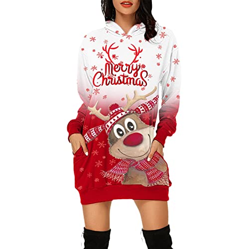 Weihnachtskleid Damen,Merry Christmas Hoodie Kleid Damen Weihnachtspullover Weihnachtskleider Pulloverkleid Rentier Print Kapuzenpullover Kleid Langes Weihnachts Pulli Kleid Weinachtspulli von Fulidngzg