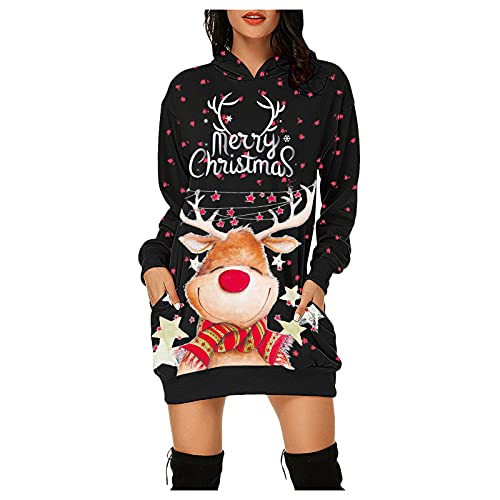 Weihnachtskleid Damen,Merry Christmas Hoodie Kleid Damen Weihnachtspullover Weihnachtskleider Pulloverkleid Rentier Print Kapuzenpullover Kleid Langes Weihnachts Pulli Kleid Weinachtspulli von Fulidngzg