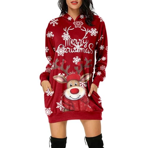 Weihnachtskleid Damen,Merry Christmas Hoodie Kleid Damen Weihnachtspullover Weihnachtskleider Pulloverkleid Rentier Print Kapuzenpullover Kleid Langes Weihnachts Pulli Kleid Weinachtspulli von Fulidngzg