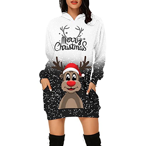 Weihnachtskleid Damen,Merry Christmas Hoodie Kleid Damen Weihnachtspullover Weihnachtskleider Pulloverkleid Rentier Print Kapuzenpullover Kleid Langes Weihnachts Pulli Kleid Weinachtspulli von Fulidngzg