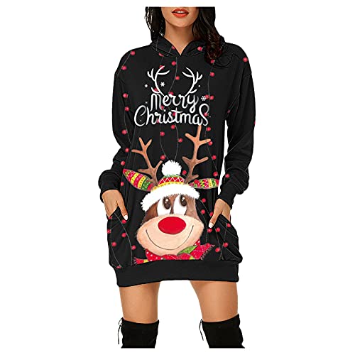 Weihnachtskleid Damen,Merry Christmas Hoodie Kleid Damen Weihnachtspullover Weihnachtskleider Pulloverkleid Rentier Print Kapuzenpullover Kleid Langes Weihnachts Pulli Kleid Weinachtspulli von Fulidngzg