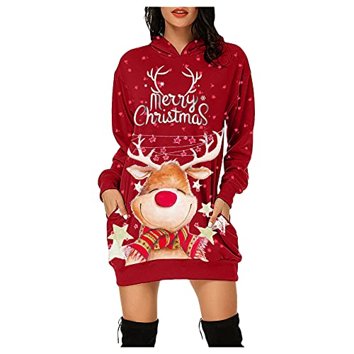 Weihnachtskleid Damen,Merry Christmas Hoodie Kleid Damen Weihnachtspullover Weihnachtskleider Pulloverkleid Rentier Print Kapuzenpullover Kleid Langes Weihnachts Pulli Kleid Weinachtspulli von Fulidngzg