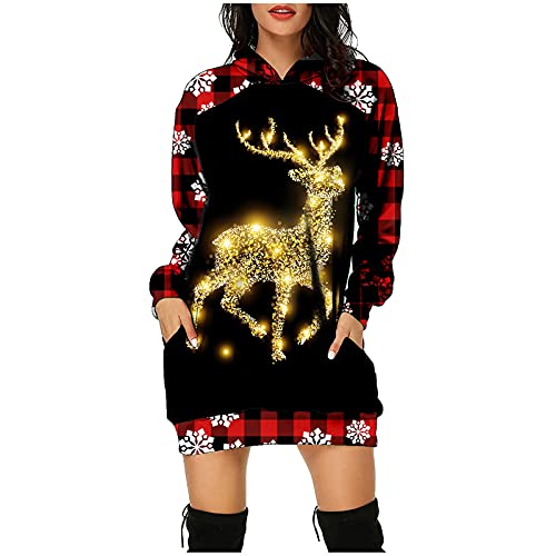 Weihnachtskleid Damen,Merry Christmas Hoodie Kleid Damen Weihnachtspullover Weihnachtskleider Pulloverkleid Rentier Print Kapuzenpullover Kleid Langes Weihnachts Pulli Kleid Weinachtspulli von Fulidngzg