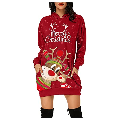 Weihnachtskleid Damen,Merry Christmas Hoodie Kleid Damen Weihnachtspullover Weihnachtskleider Pulloverkleid Rentier Print Kapuzenpullover Kleid Langes Weihnachts Pulli Kleid Weinachtspulli von Fulidngzg